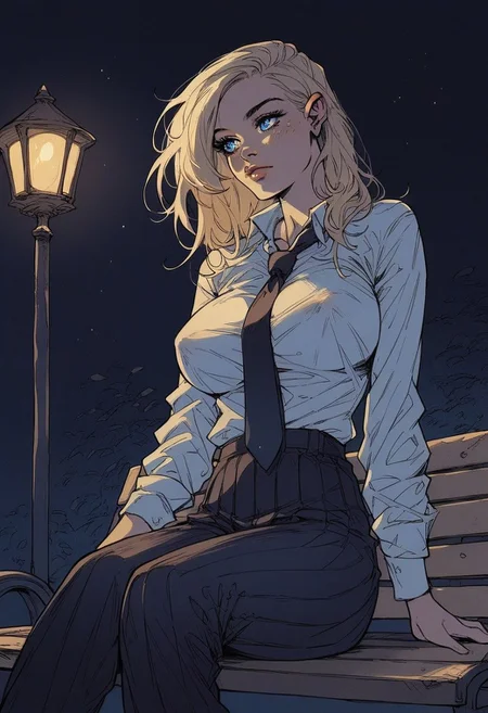 score_9, score_8_up, score_7_up, score_6_up, score_5_up, score_4_up, rating_explicit, source_western, Ellie Buckingham, ((Bright Blond hair)), Blond Hair, Blond Bright blue eyes. Very large breasts, torpedo breasts, humongous breasts Western Style Artwork. Bold Lines,
1 girl, sitting outside, on bench, street bench, night time, lamp post, lamp shining down, black pleated pants, ((white)) business shirt, tie, heavy coat, looking away
flat color, dark theme
sinozick style
1dk