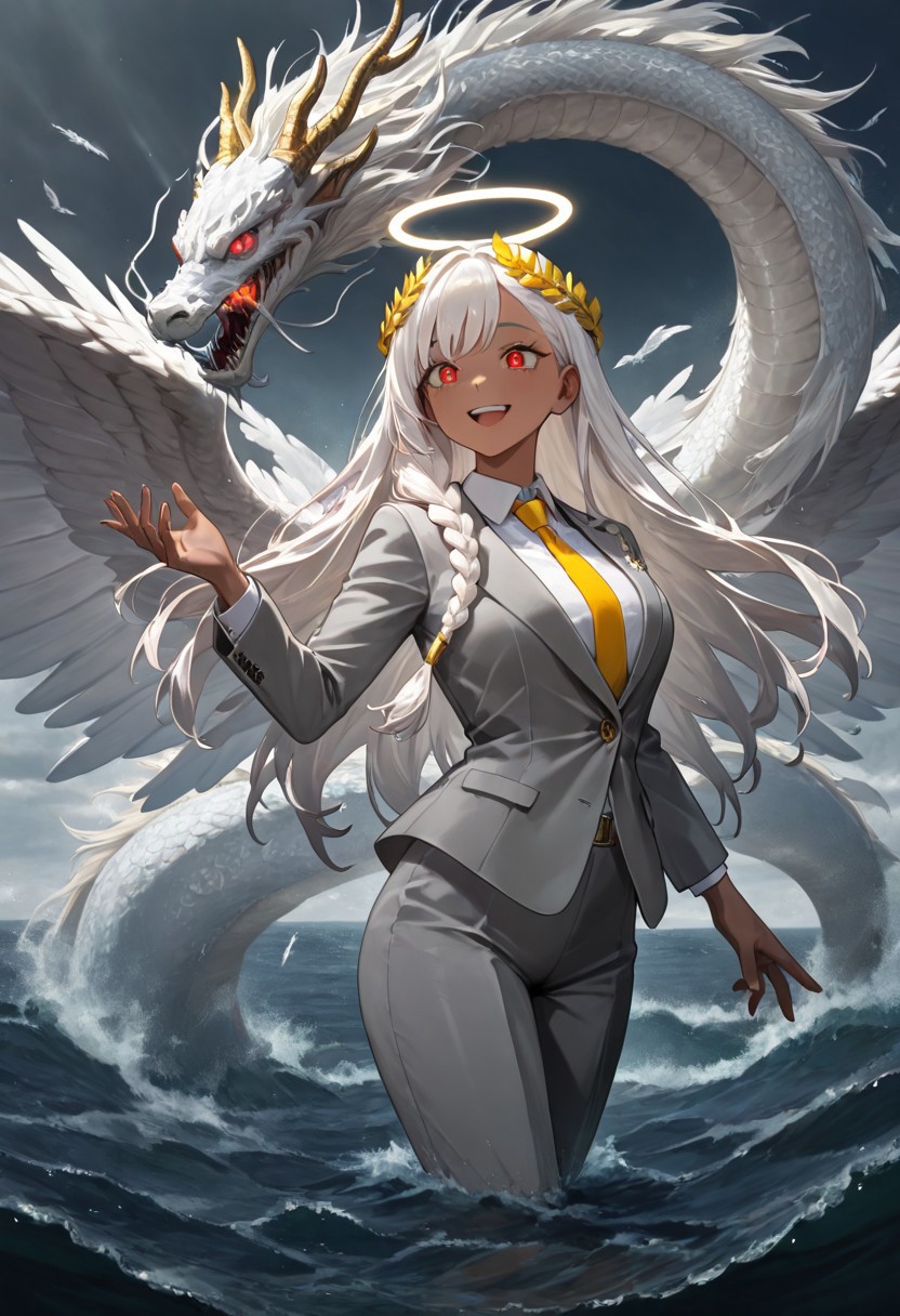 masterpiece, best quality, newest, absurdres, highres, AQDRV1.0, dragon, ocean, monster, glowing eyes, red eyes, eastern dragon, horns, dragon horns, 
BREAK 
1girl, dark skin, dark-skinned female, grey suit, suit official attire, official clothes, nectie, yellow necktie, white hair, long hair, braid, single braid, angel, angel girl, halo, wings, angel wings, smile, happy, open eyes, golden eyes, laurel crown,