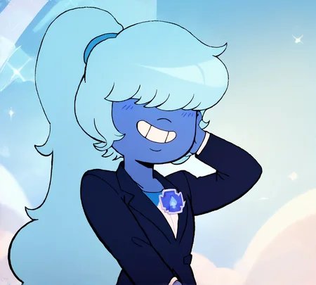Sapphire, zPDXL, best quality, amazing quality, score 9, 1girl, hair over eyes, blue hair, blue skin, long hair, suit, ponytail, grin, <lora:Sapphire:1>