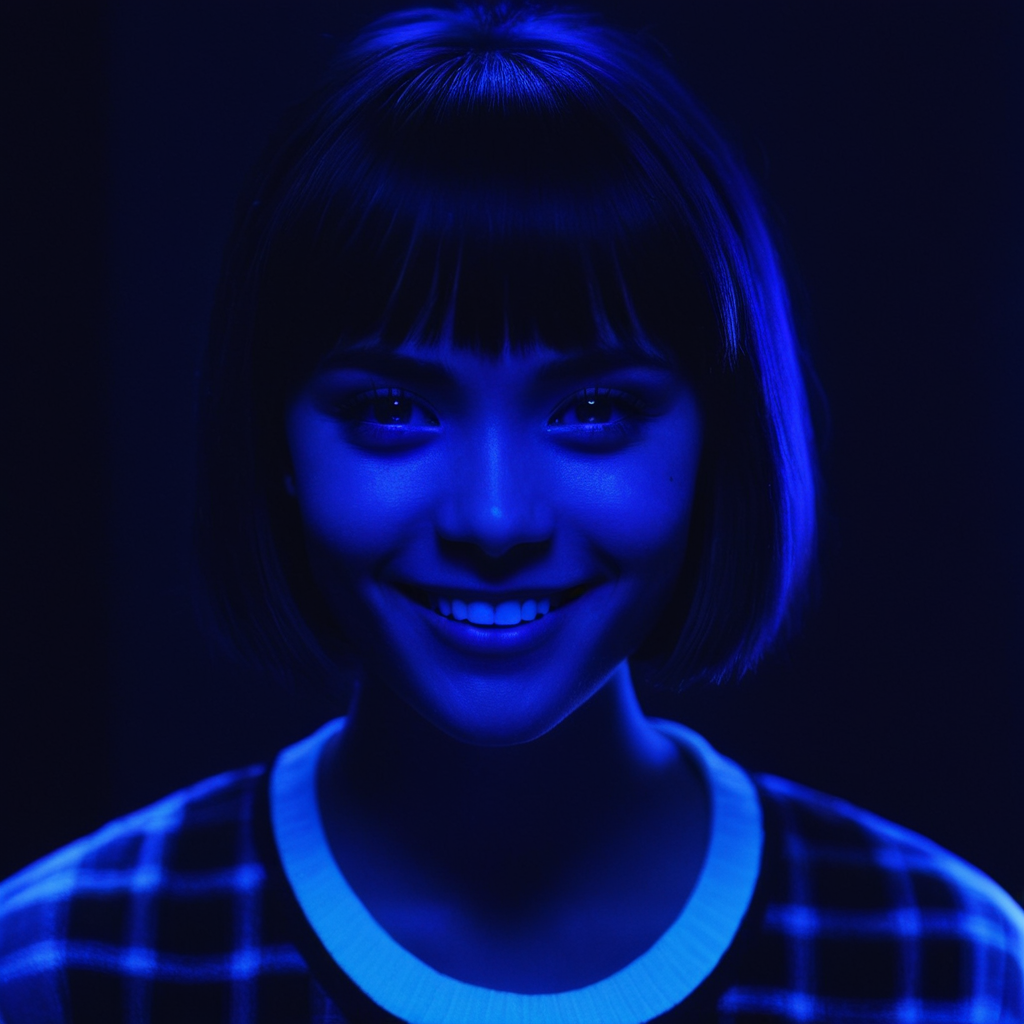 cinematic film still of  <lora:Ultraviolet lighting Style:1>
a woman with a blue glow on her face Ultraviolet lighting Style,1girl,solo,looking at viewer,smile,short hair,bangs,simple background,shirt,1boy,male focus,teeth,dark skin,grin,black background,portrait,asymmetrical bangs,plaid shirt,jinx (league of legends), shallow depth of field, vignette, highly detailed, high budget, bokeh, cinemascope, moody, epic, gorgeous, film grain, grainy