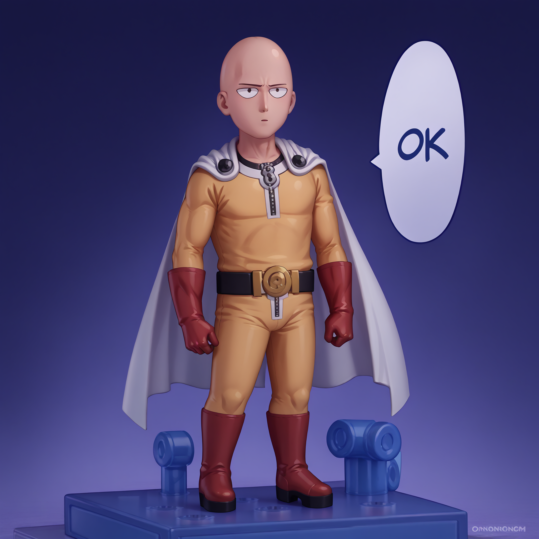 score_9, score_8_up, score_7_up, faux figurine, nendoroid, full body, figure, platform, solo, <lora:Nendoroid_pdxl_Incrs_v1:1>, <lora:Hoseki_OnePunchMan_Saitama_PDXL_v1:1> 0pm, 1boy, bald, brown eyes, yellow bodysuit, zipper, black belt, belt buckle, white cape, red gloves, red boots,  <lora:One_punch_man_meme:0.8> onepunchman_meme, parallel lines, impact lines, purple gradient background, side view, speech bubble, english text