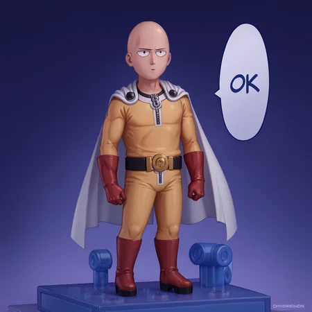 score_9, score_8_up, score_7_up, faux figurine, nendoroid, full body, figure, platform, solo, <lora:Nendoroid_pdxl_Incrs_v1:1>, <lora:Hoseki_OnePunchMan_Saitama_PDXL_v1:1> 0pm, 1boy, bald, brown eyes, yellow bodysuit, zipper, black belt, belt buckle, white cape, red gloves, red boots, <lora:One_punch_man_meme:0.8> onepunchman_meme, parallel lines, impact lines, purple gradient background, side view, speech bubble, english text