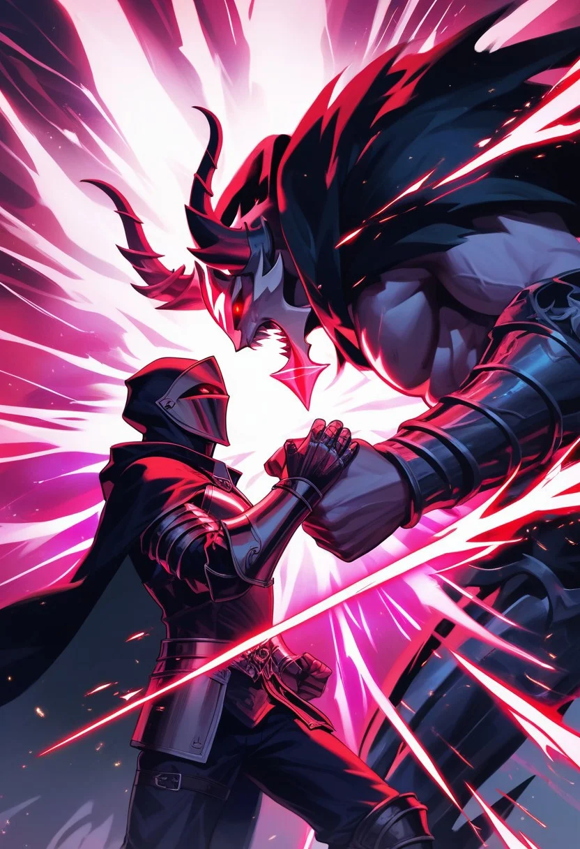 score_9,score_8_up,score_7_up, 2males. Grim Reaper, side view, dark magic, knight in battle, soul siphoning, arcane energy, glowing scythe, ethereal runes, battle-worn armor, shadowy mist, black cloak, hooded figure, dark sorcery, energy pulse, knight’s struggle, glowing red eyes, magical bind, cursed power, supernatural force, ethereal chains, soul extraction, death’s touch, spectral light, aura of doom, battlefield, ominous presence, twisted magic, knight's defeat, cursed fate, dark energy surge, looming shadows, soul corruption, reaper’s grasp, final judgment, dying warrior.