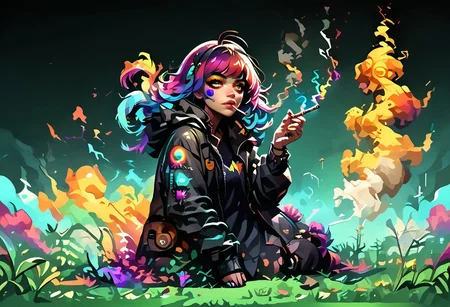 FFDAC, score_9, score_8_up, score_7_up, score_6_up, score_5_up, 1girl, solo, sitting on grass, smoking, psychedelic, colorful smoke