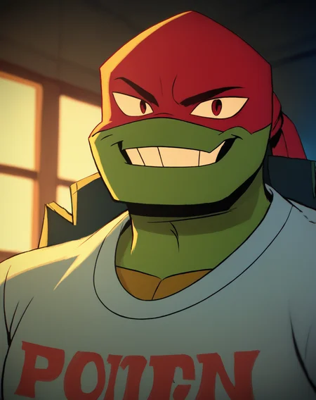 score_9, score_8_up, score_7_up, smooth lines, countershading, soft shading, 2d, extreme detail, 4K, high definition, high resolution, <lora:rottmnt8:0.8>, 1boy, solo, Raph, green skin, turtle, red mask, shirt, grin, looking at viewer, upper body, indoors,