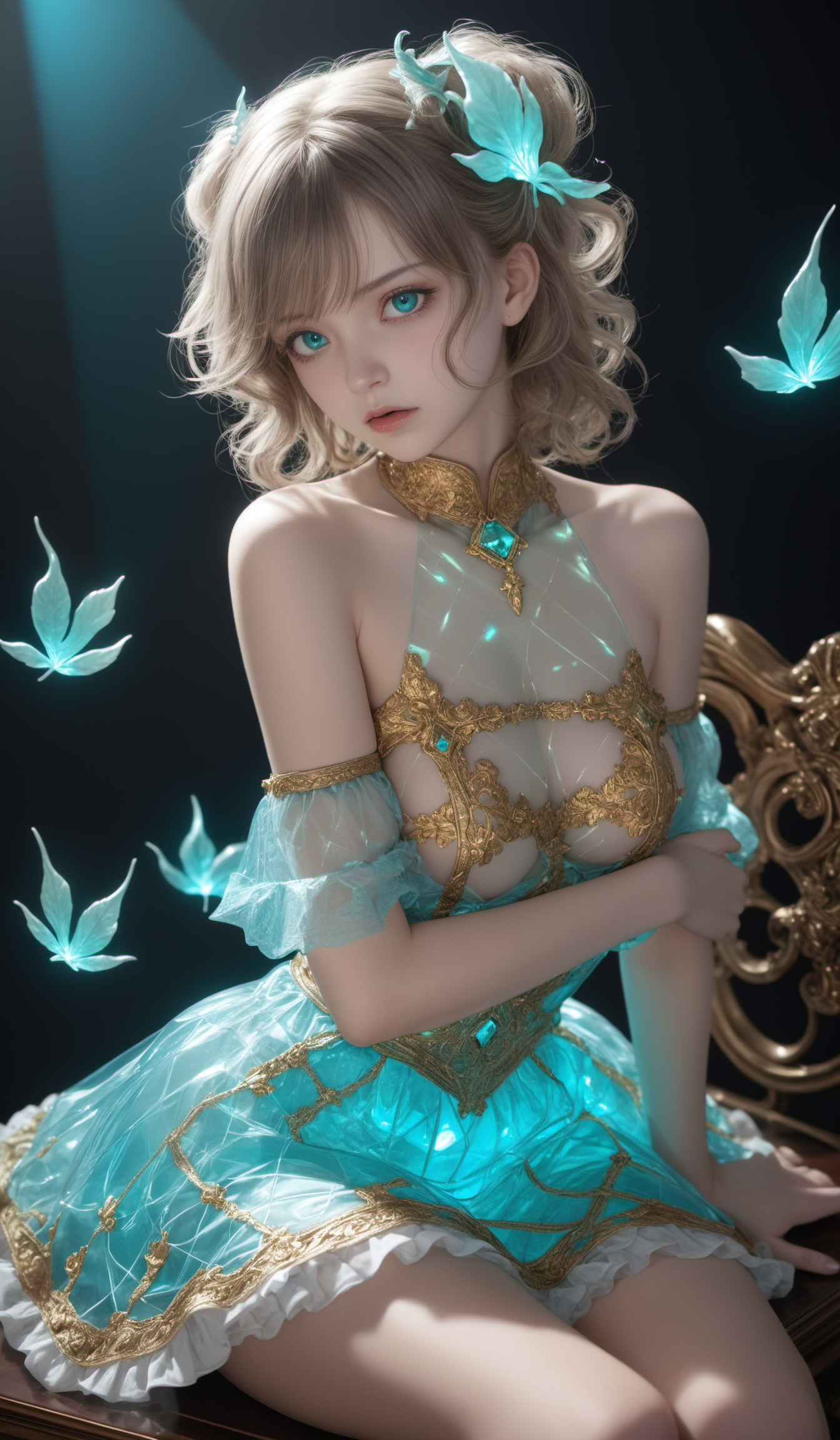 (Best quality,masterpiece,absurdres,ultra realistic:1.4),(Rococo:1.4),(close portrait:1.3),peerlessly beautiful idolmaster ,beautiful detailed eyes,(see-through_clothing),shine,glowing,sparkling,energy coalescing and vibrating,(dynamic angle,dynamic pose),Close-up photo,sitting,shy ,sad,disdainful ,Around,sex,nsfw, topless, nude,
gothic_lolita,wearing see-through china_dress,(((miniskirt))),
(),(resplendent very slightly included (vs2) turquoise, radiant cut, checkerboard cut facets, 2.50 carat, alluring,    silky, gold, tough, strength, gemstone treatment, cross-over setting, conflict-free, extraordinary, intricate, art deco, memorial and remembrance),(champagne nautical kinetic muscovite),(banks, glass, Luminescent Deep-Sea Creatures,Incandescent Outdoor Lamps, black lights),
(Around floating colorful particles:1.4)the most beautiful form of chaos,
(rectangle:1.4),(colorful leaves:1.4),