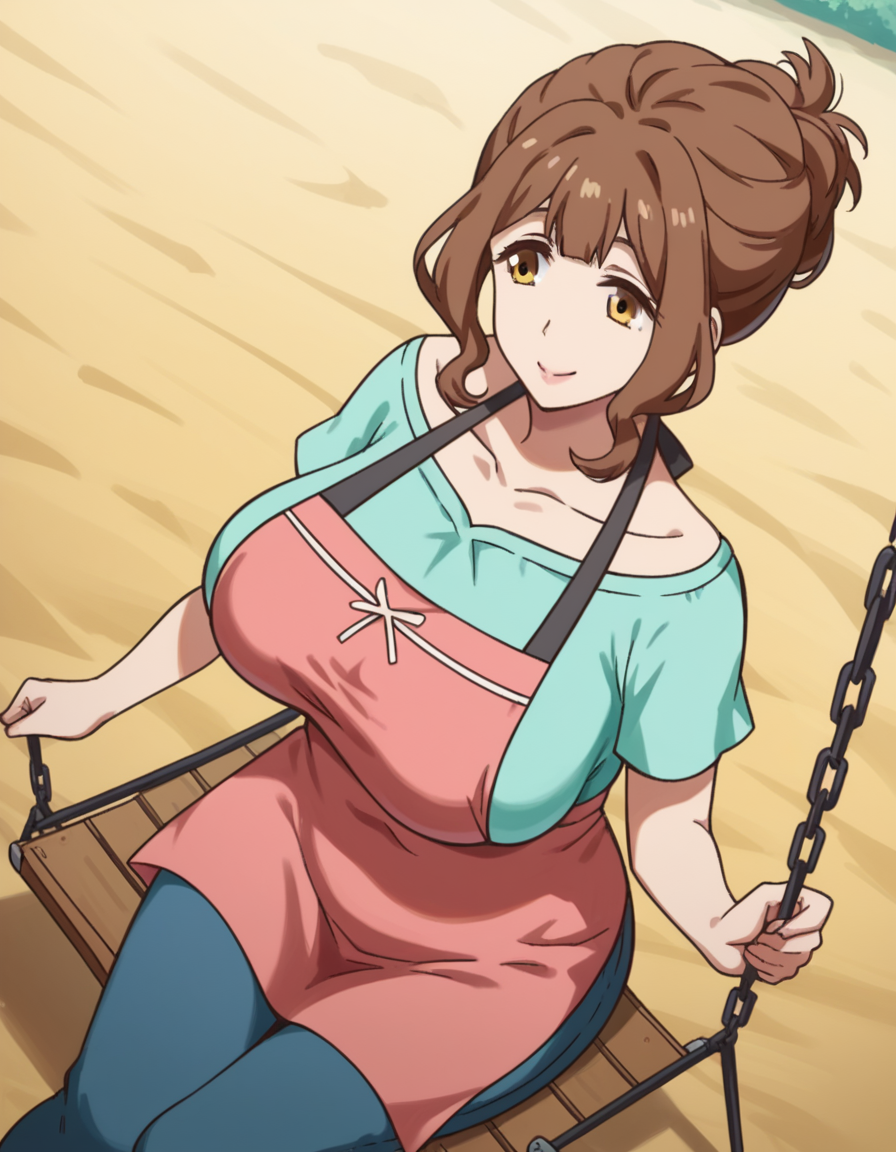 score_9, score_8_up, score_7_up, source_anime, <lora:torino-kazami-s1-ponyxl-lora-nochekaiser:1>, torino kazami, large breasts, brown hair, brown eyes, mature female, folded ponytail, sidelocks,, shirt, apron, green shirt, collarbone, pink apron, pants, denim, public park, playground, swing set, laughter, sunny day, smile, , from above,, solo,, cowboy shot, dutch angle
