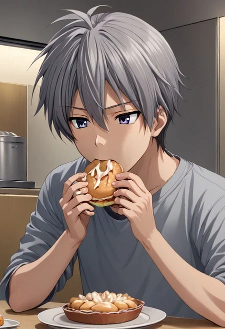 high resolution, solo, best quality, 1Boy, Tomoya Okazaki, Grey Hair, Eating Dango, OverallDetail