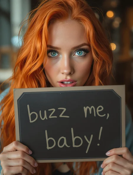 A beautiful orange-haired woman holding a sign that says "buzz me, baby," dutch angle, focus on face, big blue eyes, begging expression
