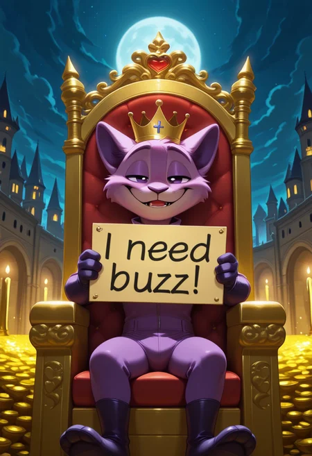 masterpiece, best quality, newest, absurdres, highres, 2024, 2023, masterpiece, best quality, amazing quality, (male, antro: 1.4), ZOOTOPIA_ARTSTYLE
BREAK
( muscle, ( proud, holding sign "Need buzz for new castle !", sitting on throne made of gold) :1.1)), (1boy, solo ,(male only) anthro, )
BREAK
(male: catnap, poppy_playtime)), rich clothes, crown, crown on head, pg,
BREAK
outdoors, detailed background, night, castle, throne room