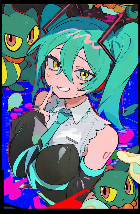 hatsune_miku, 1girl, long_hair, looking_at_viewer, shirt, hair_between_eyes, twintails, yellow_eyes, multicolored_hair, necktie, detached_sleeves, sleeves_past_wrists, pokemon_\(creature\), aqua_hair, grey_shirt, sleeves_past_fingers, glitch, through_screen