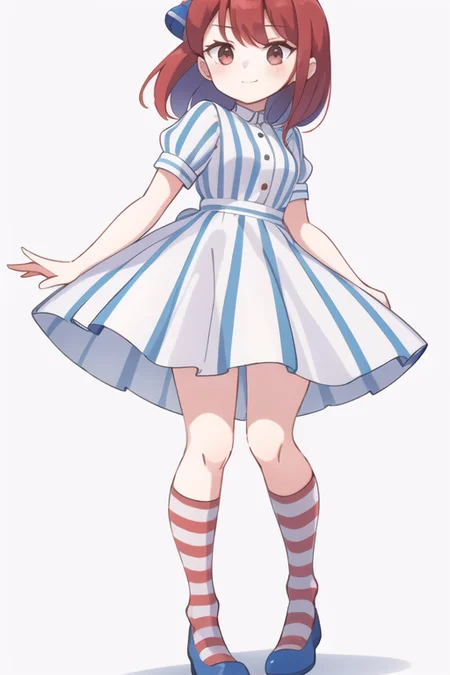 1girl, <lora:WendyW:0.7>, wendyw, striped socks, white and blue dress, red hair