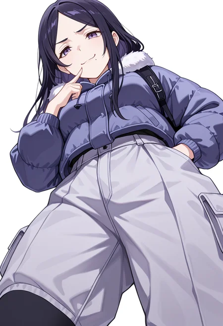 masterpiece,high quality details, absurdres,
<lora:Kohinata:0.8>
kohinata_cnr, 1girl, black hair, long hair,parted bangs, purple eyes,mole under mouth,, simple background, white background, from below,solo,, disgust,forced smile,, peacoat ,winter clothes,jogger pants, ,mismatched legwear socks,