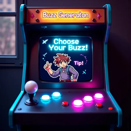 A retro arcade machine with six glowing buttons: "Like","Love","Laugh","Weep","Tip","Follow". The screen displays a pixelated character holding a "Buzz Generator," with the caption “Choose Your Buzz!” written in neon cyan.
Buttons:
Like: A button with a thumbs-up icon and the word “Like” in neon blue.
Love: A button with a heart icon and the word “Love” in neon pink.
Laugh: A button with a smiley face icon and the word “Laugh” in neon yellow.
Weep: A button with a teardrop icon and the word “Weep” in neon purple.
Tip Buzz: A button with a lightning bolt icon and the word “Tip” in neon orange.
Follow: A button with a star icon and the word “Follow Me"