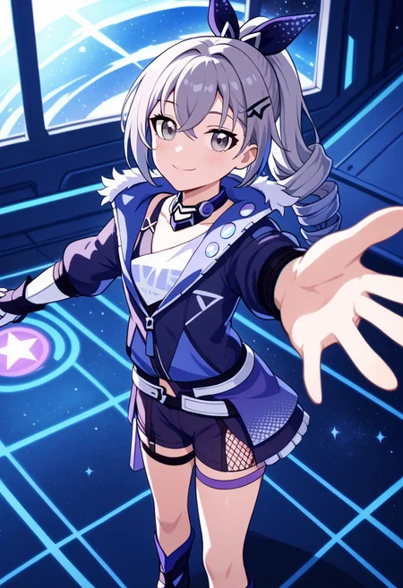 score_9, score_8_up, score_7_up, masterpiece, best quality, absurdres, vibrant, highly detailed, super cute and adorable, fluffy, from above, three-quarter front view,
BREAK
1girl, solo, silver wolf \(honkai: star rail\), drill hair, grey eyes, grey hair, light blush, long hair, reaching towards viewer, happy, looking at viewer, closed mouth, :3,
BREAK
indoors, space base, outer space,