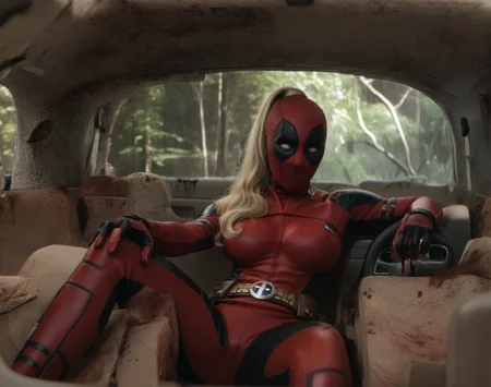 female, red body suit, sexy, solo, large breasts, spreading legs, slim, sitting on the back sit of a car, car interior, full face mask, ponytail, forest background, broken car window, blood in the car interior, leaning arms on the sits <lora:Lady_Deadpool:1> lady_deadpool, score_9, score_8_up, score_7_up, score_6_up