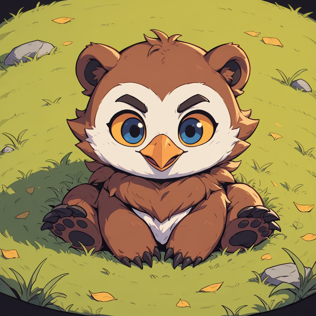 sref343157371, cute little owlbear cub sitting on grass, beak, solo <lora:sxz-sref343157371:0.8>