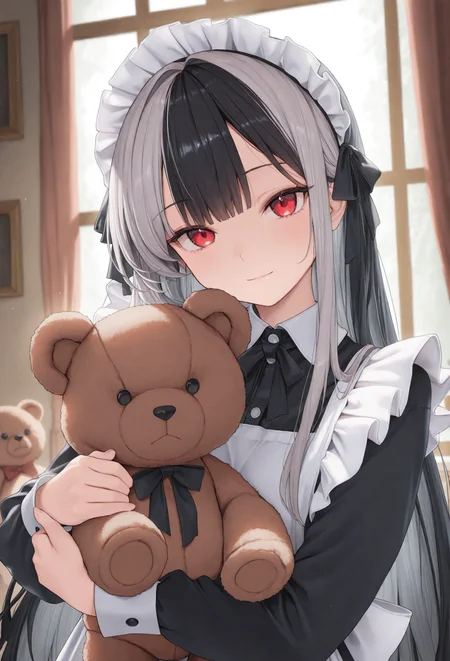 1girl, masterpiece, solo, maid, long hair, grey hair, red eyes, maid hat, black dress, long sleeves, white maid apron, black bangs, indoors, light smile, looking at viewer, multicolored hair, black hair, upper body, hair ribbon, holding stuffed toy, teddy bear,