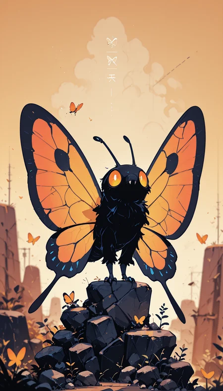 masterpiece, best quality, good quality, very aesthetic, absurdres, newest, 8K, depth of field, focused subject,   A vivid portrayal of a butterfly perched on a rocky surface. The butterfly's wings are a kaleidoscope of colors, transitioning from deep purples and blues at the edges to bright yellows and oranges at the tips. The intricate patterns on the wings are illuminated, giving them a luminous appearance. The surrounding rocks are rough and uneven, with a mix of gray and brown tones. The background is blurred, emphasizing the butterfly as the main subject, and the overall color palette is warm, with the butterfly standing out against the earthy tones of the surroundings. solo, outdoors, wings, pokemon_\(creature\), no_humans, depth_of_field, bug, rock, antennae, insect_wings, butterfly_wings,
