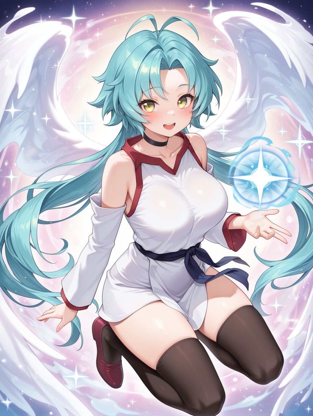 effect veiler,1girl,solo,large breasts,blush,looking at viewer,open mouth,smile,collarbone,:d,teeth,sparkle,magic,black choker,white sleeveless dress,white detached sleeves,blue sash,red shoes,black thighhighs,see-through angel wings,full body,
masterpiece,best quality,amazing quality,very aesthetic,absurdres,newest,<lora:Effect Veiler illusXL v1:0.73>,