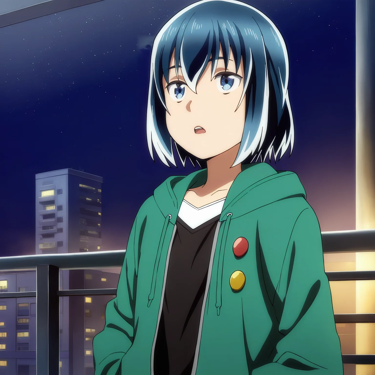 sharp focus, pixiv masterpiece, score_9, score_8_up,  source_anime, score_7_up, best quality, high res, absurd res, BREAK
 <lora:Hina_hinamatsuri_illustrious_v32:1>, hina_matsuri_il, 1girl, solo, short_hair, blue_hair, green_hooded_jacket, red_button, yellow_button, blue_eyes, black_vneck, white_trim, outside, night, clean background