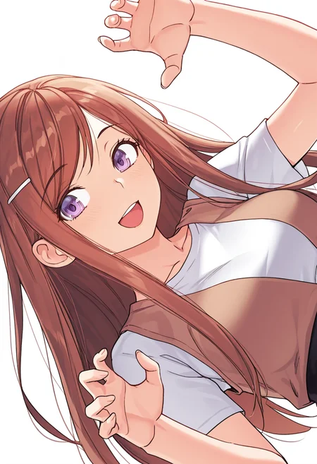 Smooth Quality,masterpiece,very intricate, high quality details, ultra realistic, high detailed skin,detailed enviorement,absurdres,
simple background, white background, dancing,skindentation, solo,sideways,claw pose,
<lora:Dasom_Lee_CNR:0.8> dasom_cnr, 1girl, brown hair, long hair, bangs, purple eyes,hairclip,vest, ,t-shirt, ,high-waist skirt, ,, aroused,, :d,
