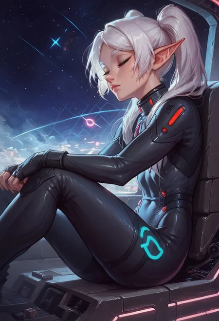 score_9, score_8_up, score_7_up, score_6_up, perfect face, perfect eyes,,4ng3l face , 1girl, solo,
nereirfpnxl,frieren, elf, white hair, green eyes, twintails, , ((black bodysuit, hexagon pattern, plugsuit)), perfect legs, dutch angle, sitting, side view,
gundamwingcockpit, futuristic, scifi, controls, joystick, technology, glowing, neon, cockpit seat, spaceship, stars, sleeping, eyes closed,
