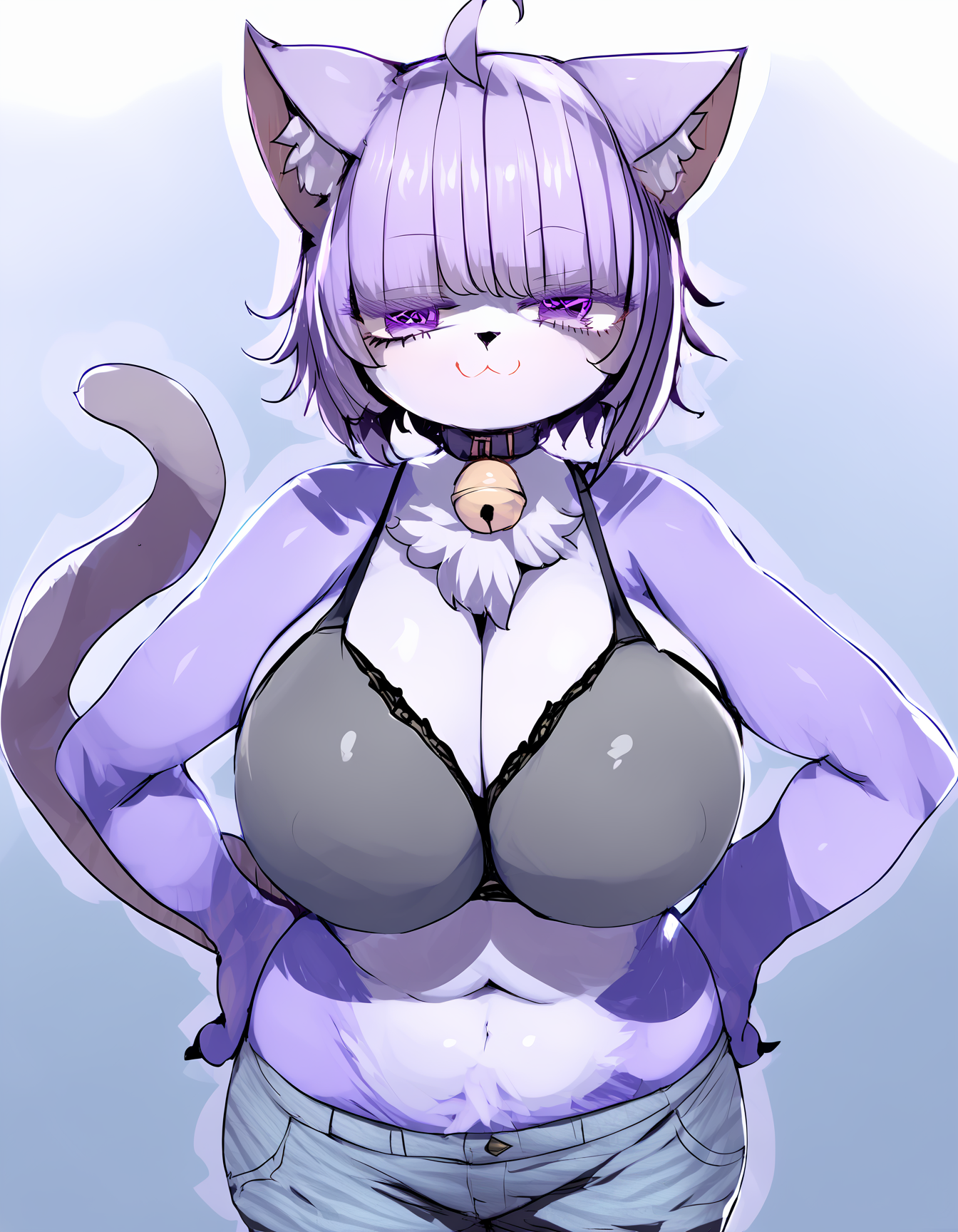 source_anime, score_9, score_8_up, score_7_up,
1girl, solo, cowboy shot, gradient background,
<lora:SyMix_Pony_v05a02-000024:1> by ccu, by TrinityFate,
skinny, hourglass figure, huge breasts, cleavage,
jeans, bra, hands on own hips,
looking at viewer, smug, :3,
<lora:nekomata_okayu_pony_v01a05e06:1> cat girl, furry, body fur, animal collar, 4 fingers, purple fur, bell, colored skin, chest tuft,
okayuBase, short hair, purple eyes, purple hair, cat ears, cat tail, ahoge,