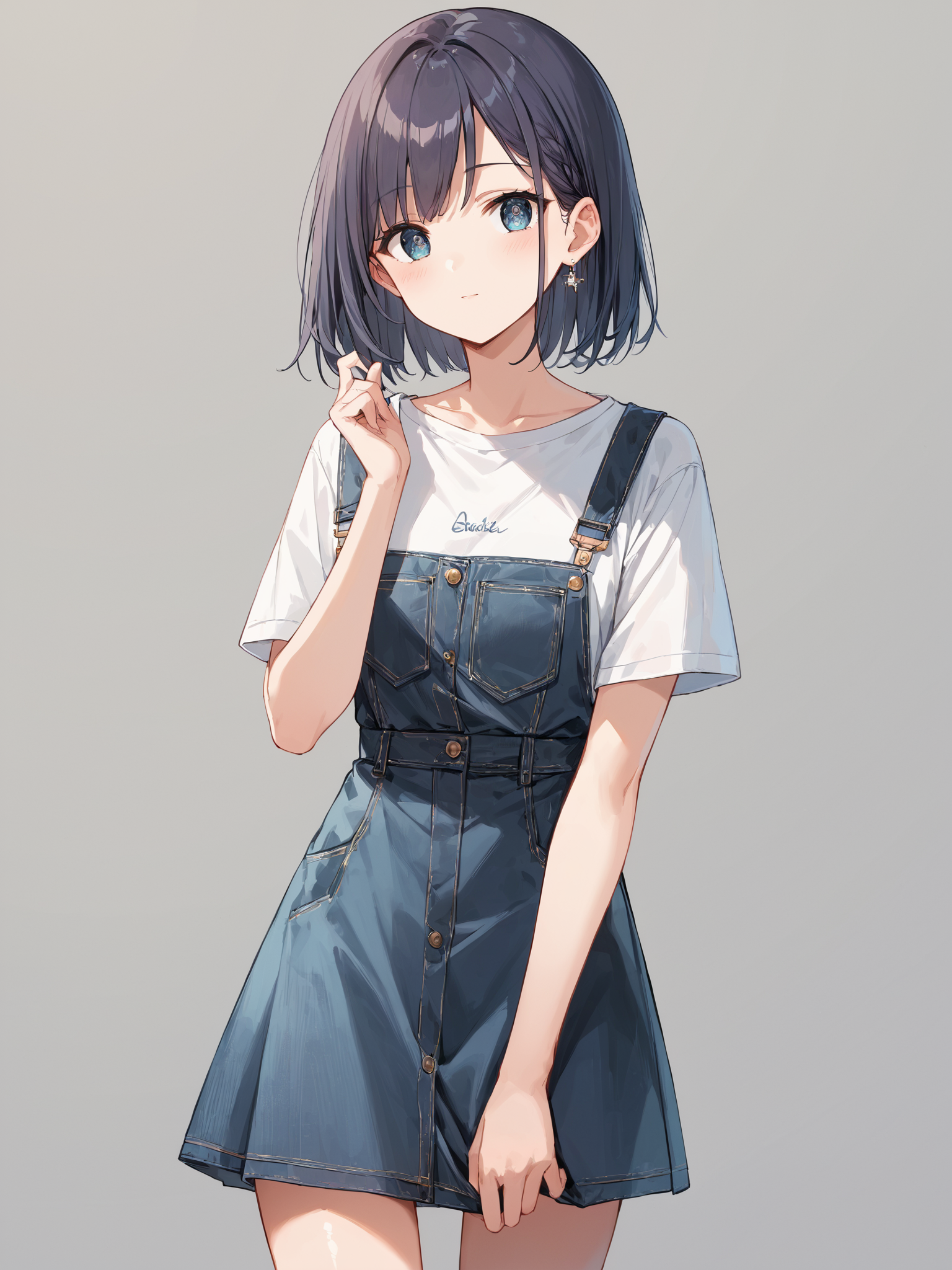 score_9, score_8_up, score_7_up,source_anime, high res image,masterpiece,best quality,girl,cute face,clear skin,shiny hair,ultra detailed eyes,simple background <lora:salopette_pony_V1.0:0.8> salopette, overall skirt