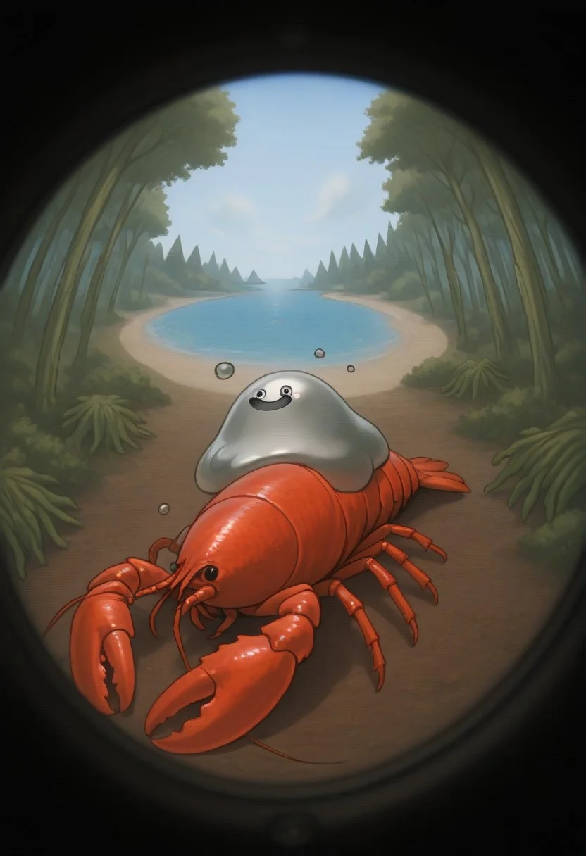 Large Blob Creature riding a red lobster, pov peephole, riding lobster, fisheye, Ocean background, High Quality, Masterpiece, Deep Cool Blue Setting, hagurin,Tall Kelp Seaweed Forest, White Slime wrapping around Lobster, Big ol' White Blob