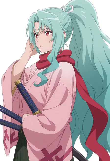 Smooth Quality,masterpiece, ultra realistic,
simple background, white background,
dynamic angle,:<,Hand on own ear,
<lora:Tomoecnn:0.8> sofia/cnn, 1girl, long hair, scarf, ponytail, red eyes, japanese clothes, katana, green hair, very long hair,