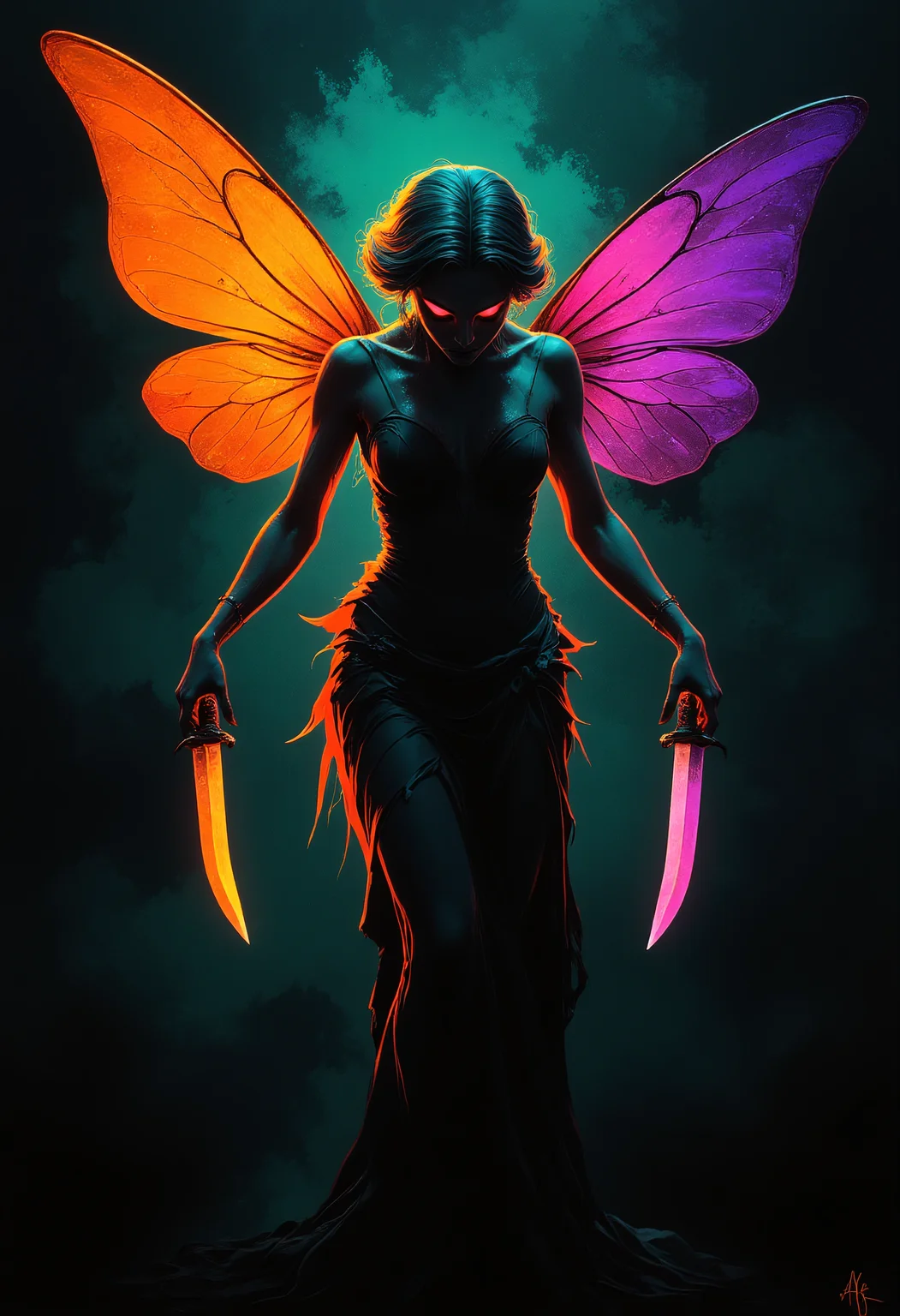 painting, impasto, painterly, rough brush strokes, BNR, an evil fairy visible only by the glow of it's eyes, holding curved knives in each hands, head down, arms spread out, ready to attack, glowing little speckles on the wings and dress, creepy, scary, horror, subtle glow, Halloween, translucent glow, extreme details, high contrast, masterpiece, 4k, 8k