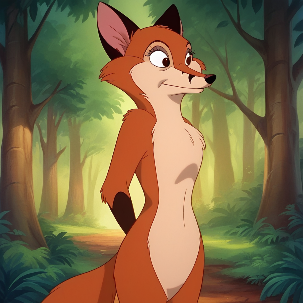 Ugly score_8_up, score_7_up, BREAK, DonBluth, 1girl, solo, no humans, furry, fox ears, furry female, cowboy shot, <lora:DonBluth_PXL_Leaf3:1>, forest, arms at sides,