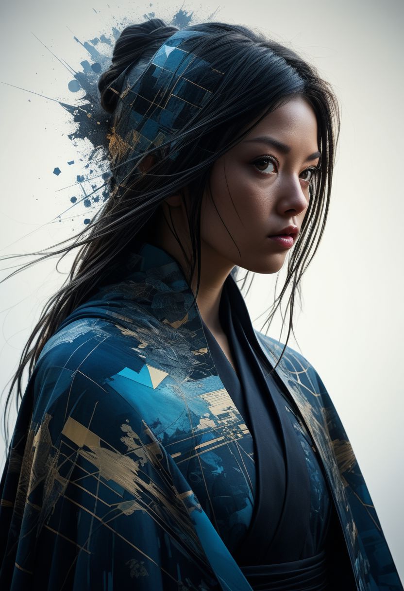 mysterious silhouette samurai woman in cape, in temple, goddess, alluring, by Minjae Lee, Carne Griffiths, Emily Kell, Steve McCurry, Geoffroy Thoorens, Aaron Horkey, Jordan Grimmer, Greg Rutkowski, amazing depth, double exposure, surreal, geometric patterns, intricately detailed, bokeh,  perfect balanced, deep fine borders, artistic photorealism , smooth,  great masterwork by head of prompt engineering   <lora:add-detail-xl:2>  <lora:Double_Exposure:0.5>