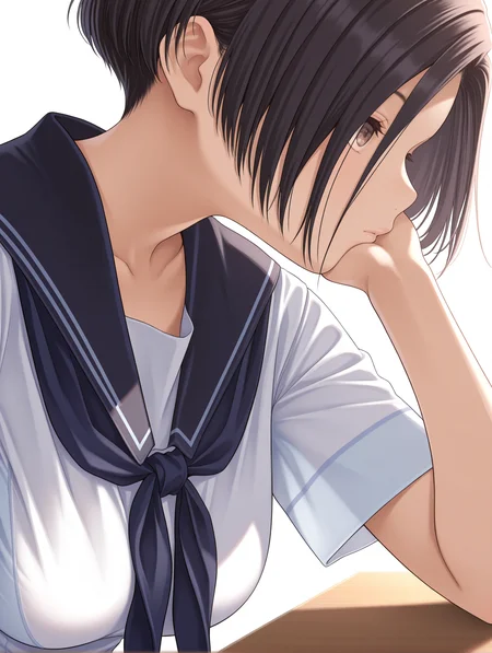 masterpiece,best quality,newest,1girl,solo,
<lora:kobayakawa_rinko_ilxl_v1:1>,k_rinko,black hair,
r_s_clothes,white shirt,short_sleeves,blue neckerchief,big breasts,
<lora:Fixhands_anime_bdsqlsz_V1:1>,profile,cheek rest,white_background,simple_background,expressionless,looking ahead,
