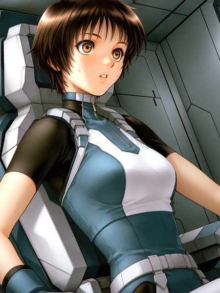 masterpiece,best quality,newest,
1girl,solo,
<lora:Aizawa_Momo_ilxl_v1.0:1>,momo_a,ahoge,brown hair,short hair,brown eyes,
m_suit,turtleneck,skin tight,bodysuit,crop top,short sleeves,fingerless gloves,leotard,
<lora:Fixhands_anime_bdsqlsz_V1:1>,dynamic_angle,upper_body,face_focus,sweat,looking_at_screen,<lora:gundamwingcockpitXL2:1>,gundamwingcockpit,joystick,sitting,dutch angle,cinematic_angle,surprised,constricted pupils,wide-eyed,parted lips,