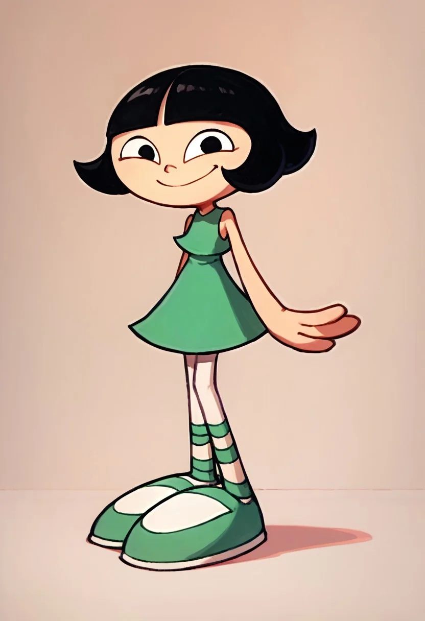 score_9, score_8_up, score_7_up BREAK LeeLeeDL, 1girl, black hair, bob cut, blunt bangs, black eyes, sleeveless green dress, white tights, green ballet shoes, smiling at viewer, solo, solo focus, full body,