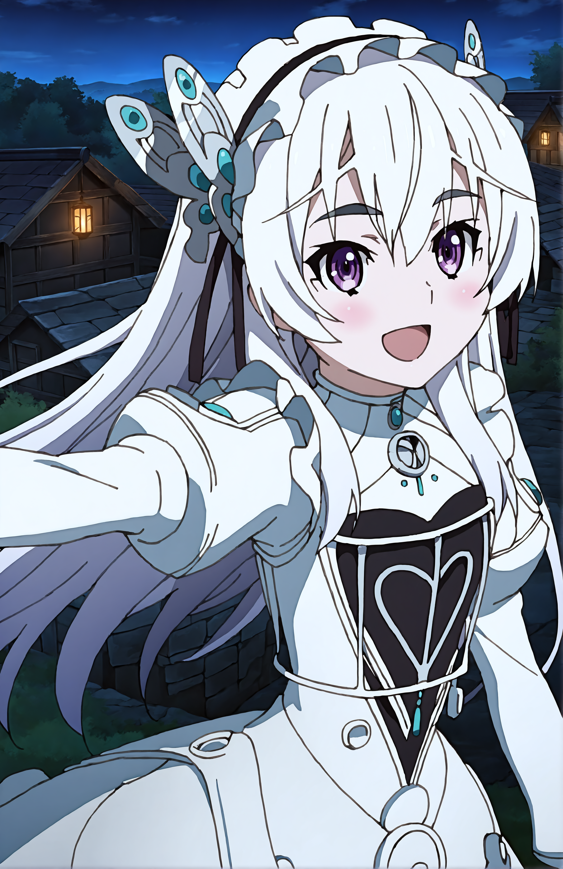 ChaikaTrabant, 1girl, solo, white hair, long hair, purple eyes, butterfly hair ornament, hair ribbon, lolita_hairband, white dress, brooch, puffy sleeves, long sleeves, black pantyhose, portrait, village, outstretched arm, :d, night
