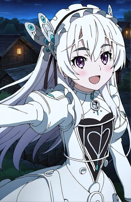 ChaikaTrabant, 1girl, solo, white hair, long hair, purple eyes, butterfly hair ornament, hair ribbon, lolita_hairband, white dress, brooch, puffy sleeves, long sleeves, black pantyhose, portrait, village, outstretched arm, :d, night