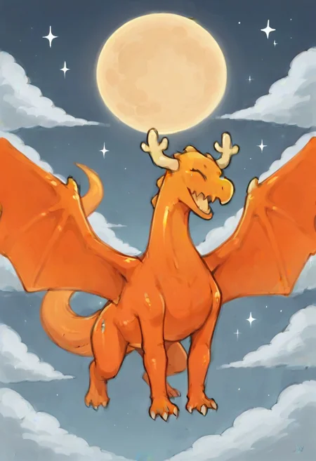 BREAK score_9, score_8_up, score_7_up, source_anime, 1girl, solo, pennydragon, orange skin, shiny skin, two wings, two horns, big wings, (feral, dragon), on all fours, moon, stars, night, flying in the sky, narrow sky,