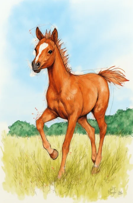 Sharp image of a rough sketch, rendered in vibrant multi colour ballpoint pen, capturing the adorable features of a foal running in a field. The foal is a chestnut color with a white patch on its forehead. It is galloping with its front legs stretched out and its tail flowing behind it. The field is covered in tall grass and there are trees in the background. The sky is blue and the overall mood of the image is peaceful and serene.  p3nsk, <lora:p3nsk:1>