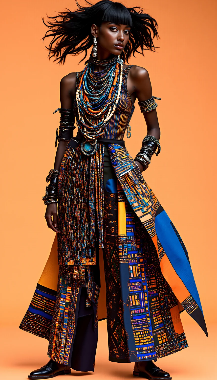 A striking fashion model wearing a modernized version of traditional Maasai warrior attire, combining bold, colorful patterns and beaded accessories with futuristic elements like metallic fabrics and sharp, geometric cuts. The model's powerful pose emphasizes the strength and heritage of the Maasai, while the modern design elements bring a sense of innovation and forward-thinking style. The background is simple, allowing the vibrant colors and intricate beadwork to stand out, making the overall look both grounded in tradition and refreshingly contemporary, twisted torso pose,
(three quarter view:0), (from below:0.2), (dutch angle:0),cowboyshot,
wind, floating hair, looking at viewer, midjourney_whisper_avant_couture, <lora:midjourney_whisper_avant_couture_v01:1>,