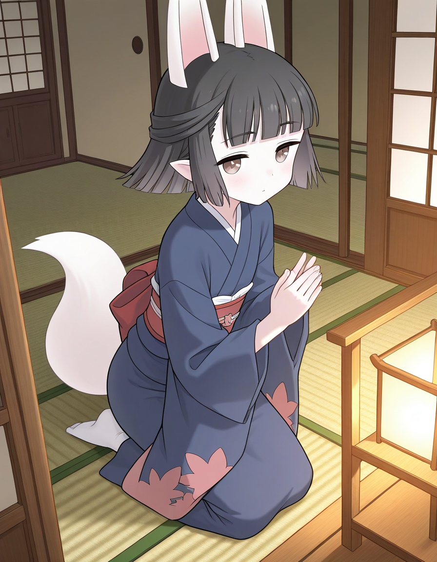 general,highres, ultra-detailed,very aesthetic,best quality ,best hands,  BREAK <lora:Hasaha_IS:1> Hasaha, 1girl,solo, animal ears, short hair, pointy ears, black hair, white tail, 
brown eyes, blunt bangs, fox tail,
 japanese clothes,  blue kimono, 
Japanese room, tatami,
