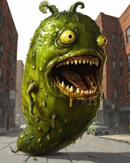 A pickle FaVGoneBad in the street <lora:Fruits_and_Vegetables_gone_bad_-_SDXL_LoRA:0.8>