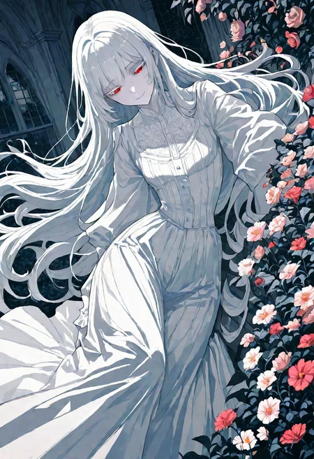 <lora:748cmSDXL:1>, best quality, masterpiece, 748cmstyle, 1girl, white hair, really long hair, red eyes, white eyelashes, pale skin, white outline, small breasts, sad smile, Victorian dress, high waisted, soft colour palette, inside a garden, leaning over, picking flower from bush, dramatic angle