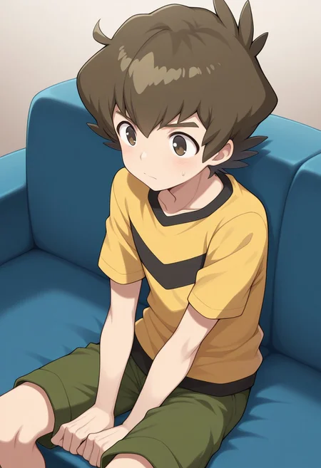 masterpiece,best quality,amazing quality,
bayamano, 1boy, male focus, solo, brown eyes, brown hair, shirt, yellow shirt, short sleeves, green shorts,
indoor, couch, sitting.
