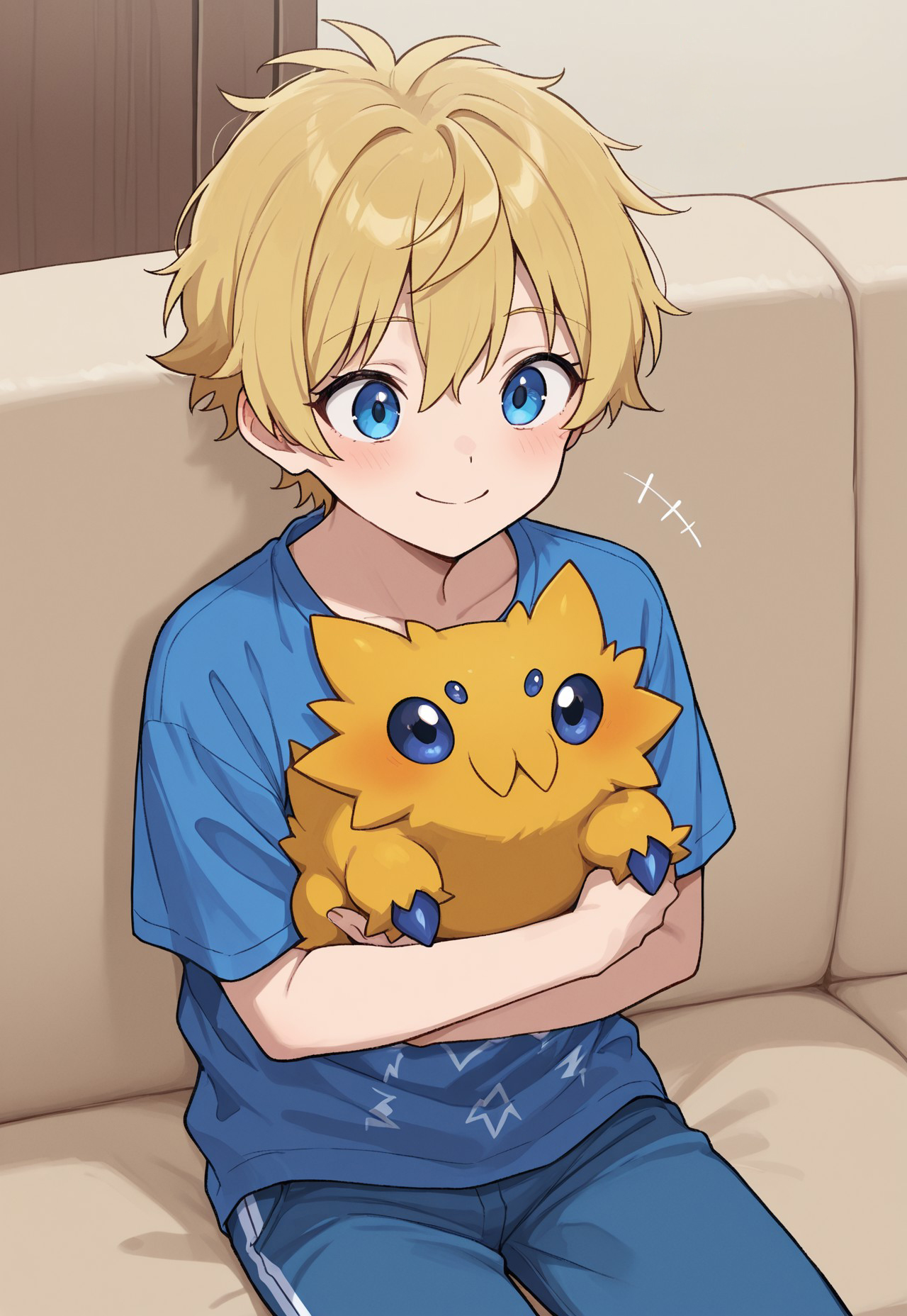 masterpiece, best quality, amazing quality, very aesthetic, absurdres, ((1boy with 1other:1,)) BREAK (PKMN_Torchic, gijinka, human:1.6, 1boy, blonde hair, short hair, blue eyes, blue shirt, lightning bolt symbol pattern, blue pants, holding pokemon, happy, sitting, on couch). BREAK 
(PKMN_Joltik, 1other, yellow body fur, blue eyes, blue claws,)
indoors, day