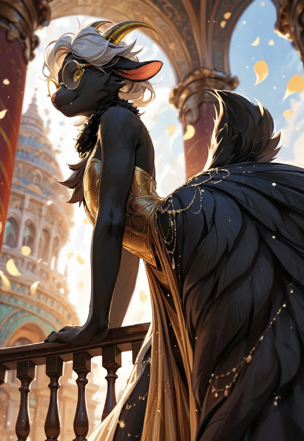 safe_pos, zPDXL2, OverallDetail, score_9, score_8_up, score_7_up, source_furry, solo, cute goat demon, ((femboy)), ((black fur:2)), (two toned fur:0.8), chest tuft:0.2, fur lining cleavage, from below, from side, dress split,
goat eyes, goat tail, detailed makeup, gold eye shadow, perfect face, sultry expression, (yellow eyes), ballroom, huge ass, round glasses, elegant ballroom dress, dress made of white roses, long flowing dress, tail under clothes, flat chest, fur sheen, cute fang, pose, short hair, long braid, white hair, french braid hairstyle, fur around collar, (small horns), golden horns, thin waist, wide hips, thick thighs, full body