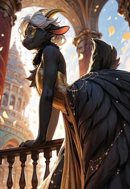 safe_pos, zPDXL2, OverallDetail, score_9, score_8_up, score_7_up, source_furry, solo, cute goat demon, ((femboy)), ((black fur:2)), (two toned fur:0.8), chest tuft:0.2, fur lining cleavage, from below, from side, dress split,
goat eyes, goat tail, detailed makeup, gold eye shadow, perfect face, sultry expression, (yellow eyes), ballroom, huge ass, round glasses, elegant ballroom dress, dress made of white roses, long flowing dress, tail under clothes, flat chest, fur sheen, cute fang, pose, short hair, long braid, white hair, french braid hairstyle, fur around collar, (small horns), golden horns, thin waist, wide hips, thick thighs, full body