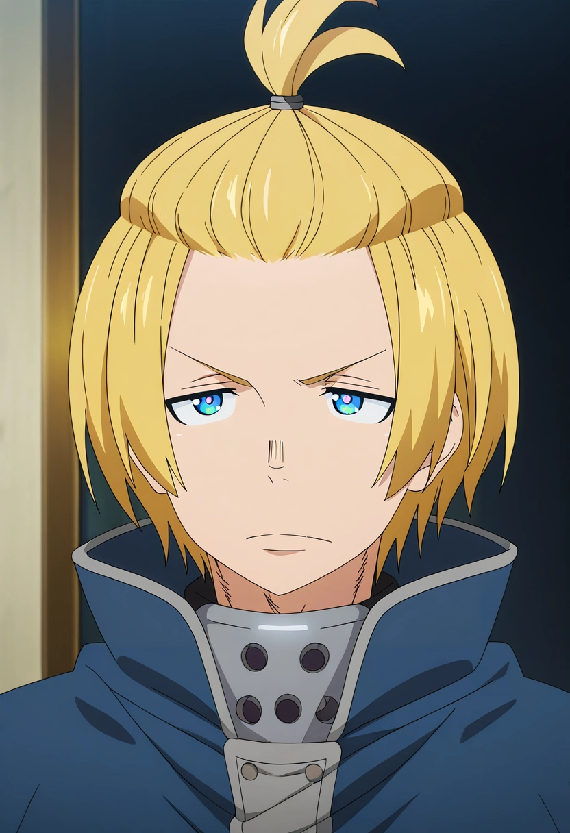 masterpiece, best quality, , anime screencap, , official style,, 1boy, solo, male focus, <lora:arthur_boyle_ilxl:0.92>, arthur_boyle, blonde hair, blue eyes, short hair, bangs pinned back, topknot, , , ,